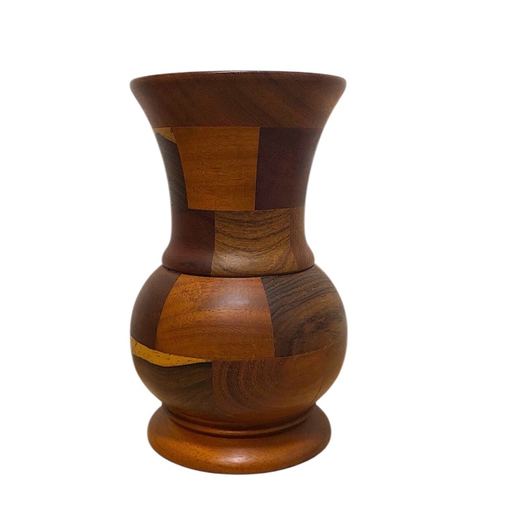Vintage Handcrafted Inlaid Wood Brown Tan Parquetry Vase